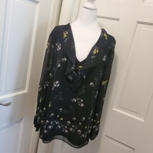 St. JOHN floral print Blouse Size Medium, Retail $795, silk, Sheer sleeves